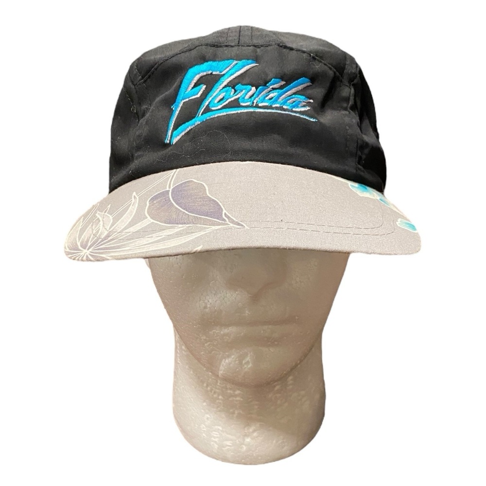 VTG 90s Florida Hat Snapback Tropical Retro Floral Fishing Black One Size